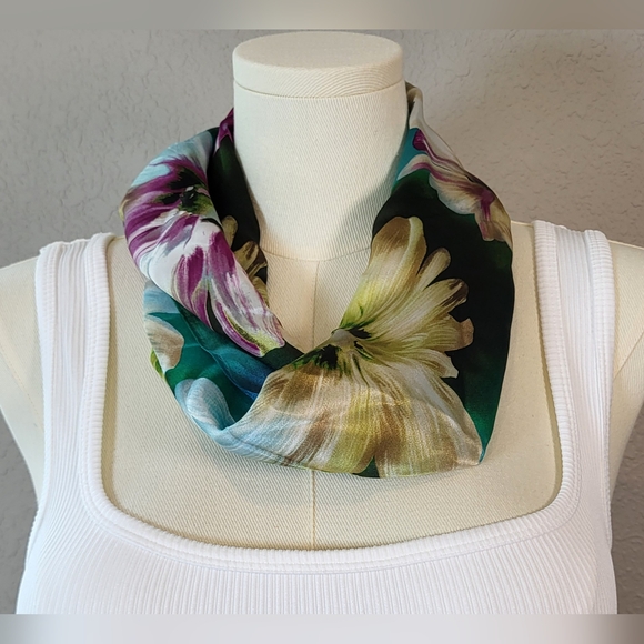 HARVE BENARD Elegant Teal Floral Silk Scarf - 53 x 10    (NWT) - Picture 3 of 8